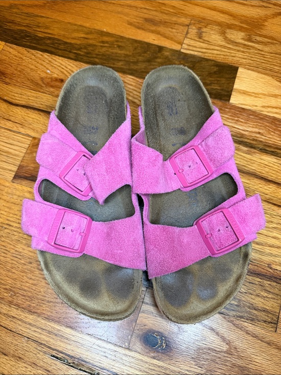 Birkenstock Shoes - Birkenstock Pink Suede Two-Strap Slide Sandals with Buckles